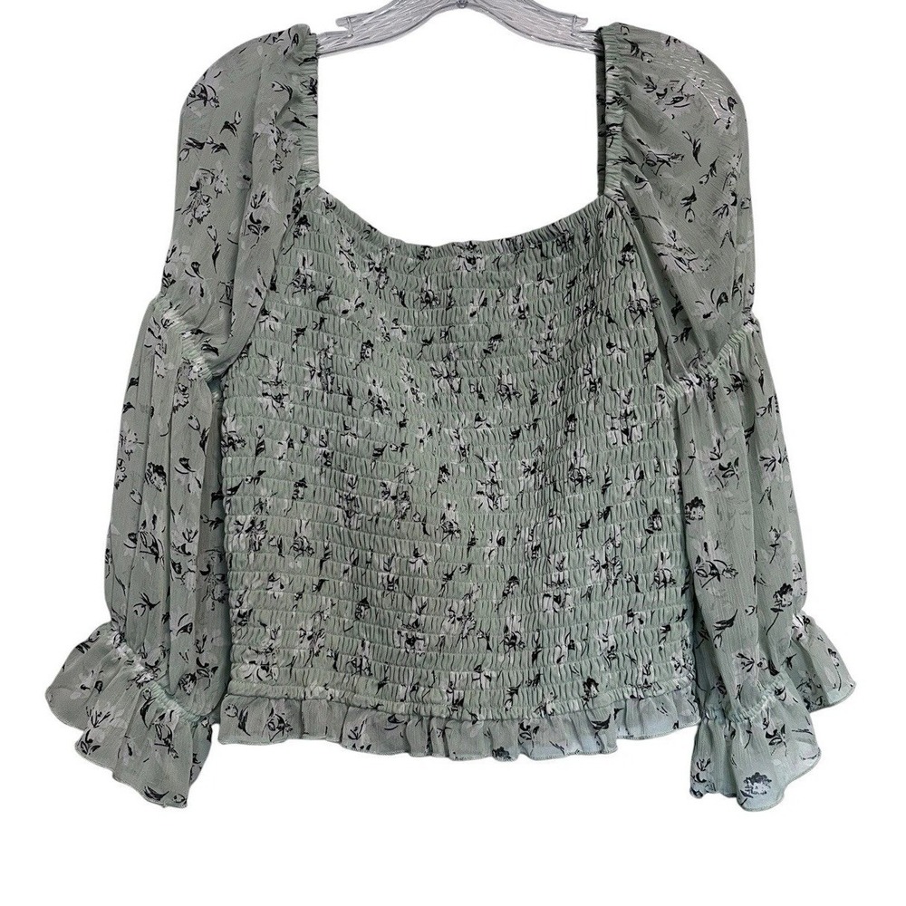 By & By Sz XL Smocked Top Mint Green Floral Marie Sleeves Chiffon Ruffle Sheer